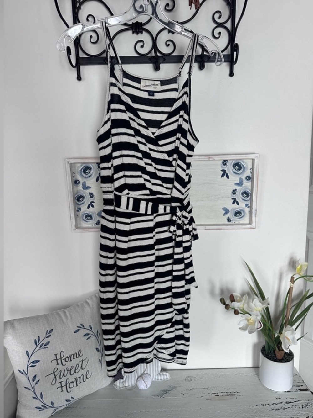 Black and White Asymmetrical Faux Wrap Dress adjustable straps and tie